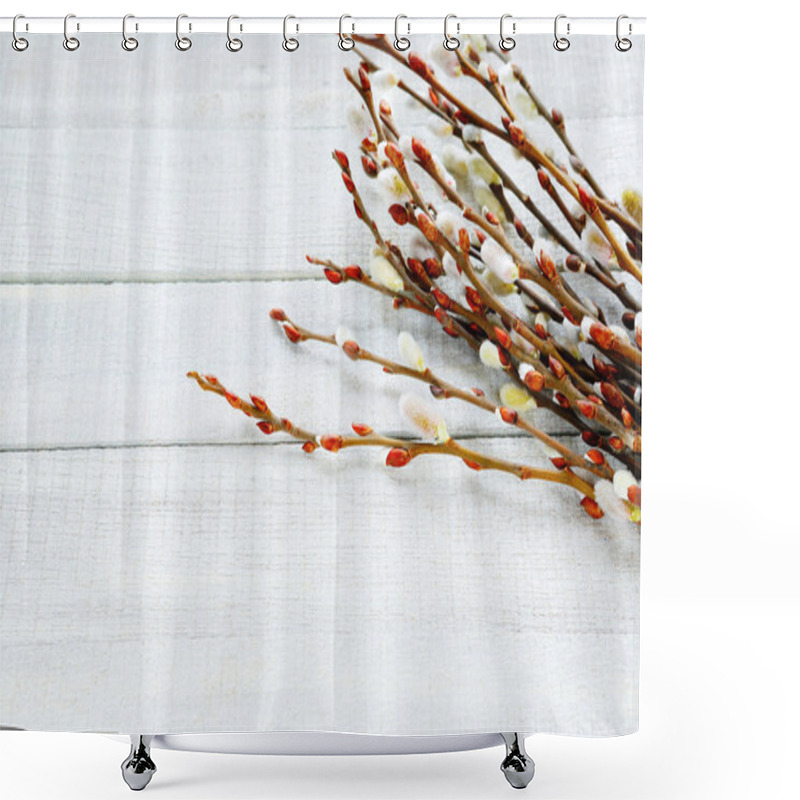 Personality  Blossoming Willow Twigs On The Boards Shower Curtains