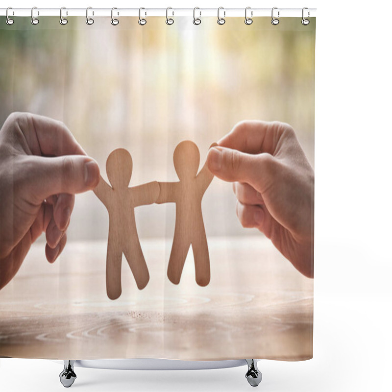 Personality  Couple Holding In Hands Wooden Toy Men As Symbol Of Love And Friendship Shower Curtains