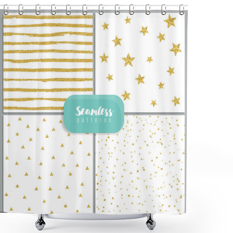 Personality  Set Of Vector Seamless Patterns With Circles, Stripes, Stars, Triangles, Made Of Gold Glitter. Shower Curtains