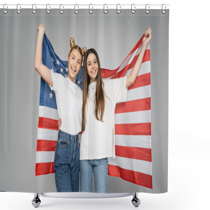 Personality  Excited Blonde Teenage Girl In Jeans And White T-shirt Holding American Flag And Hugging Girlfriend While Standing Together Isolated On Grey, Energetic Teenage Friends Spending Time Shower Curtains