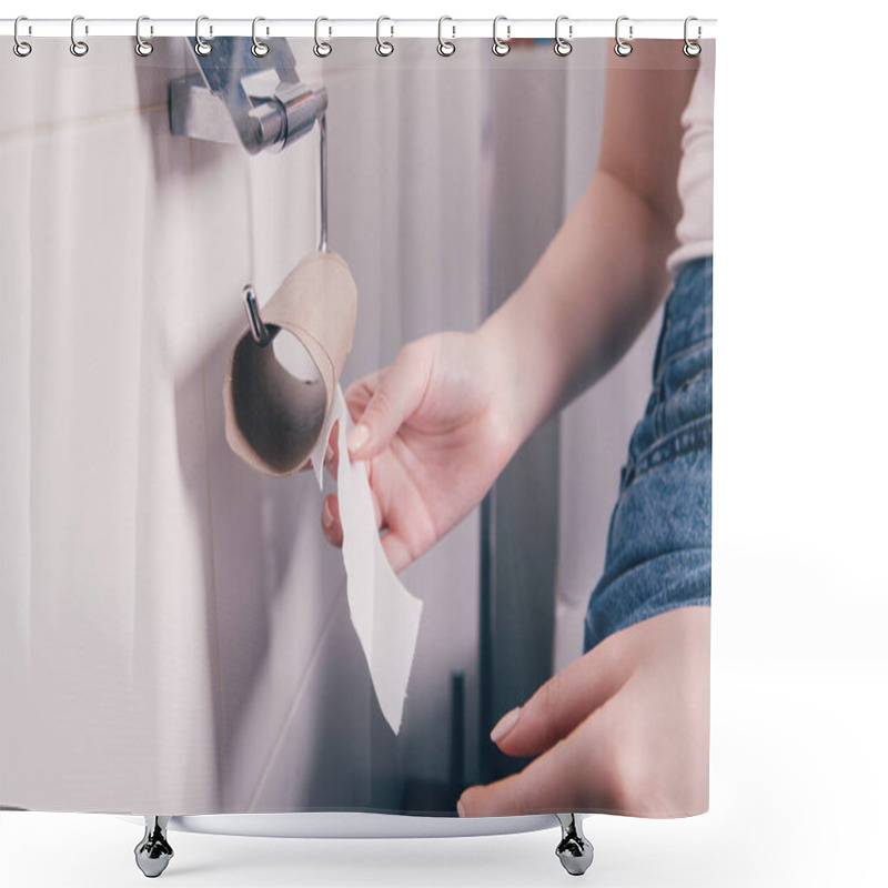 Personality  Woman Sitting On Toilet With Napkin Roll About To End, Consequences Shower Curtains