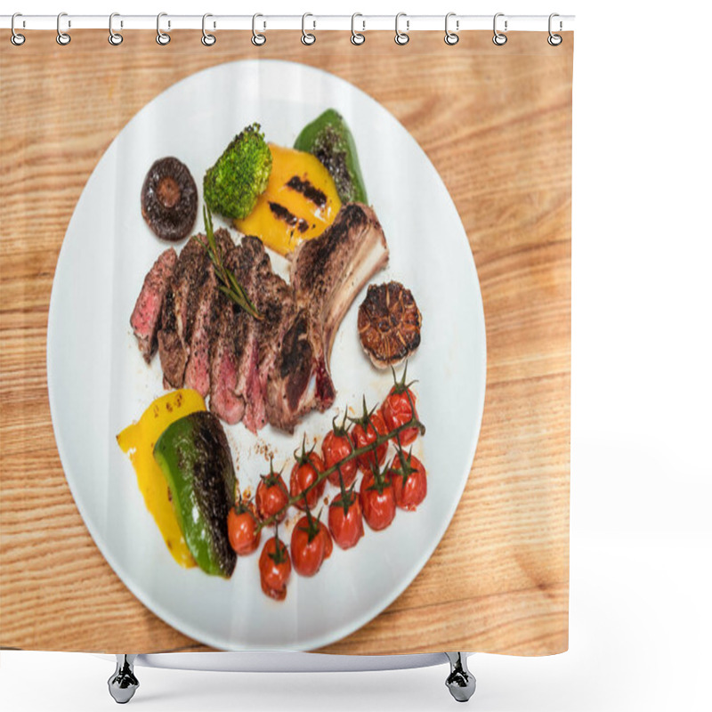 Personality  Overhead View Of Cooked Meat With Vegetables On Plate Shower Curtains