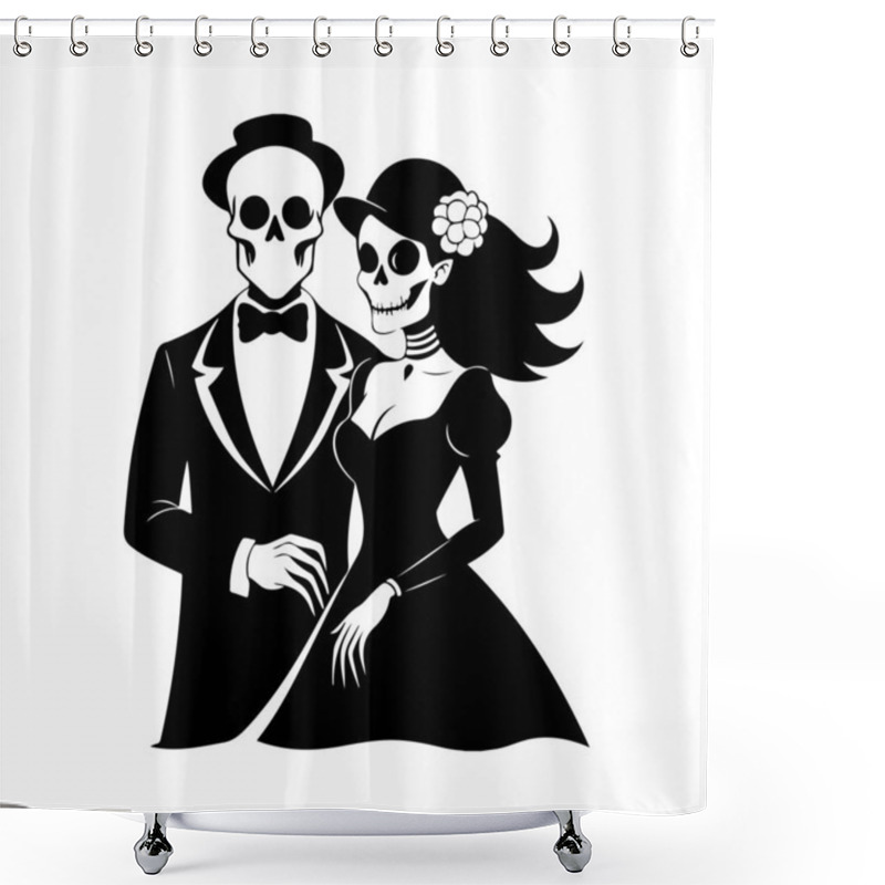 Personality  Silhouette Of A Stylized Skeleton Bride And Groom Illustration For Halloween Shower Curtains