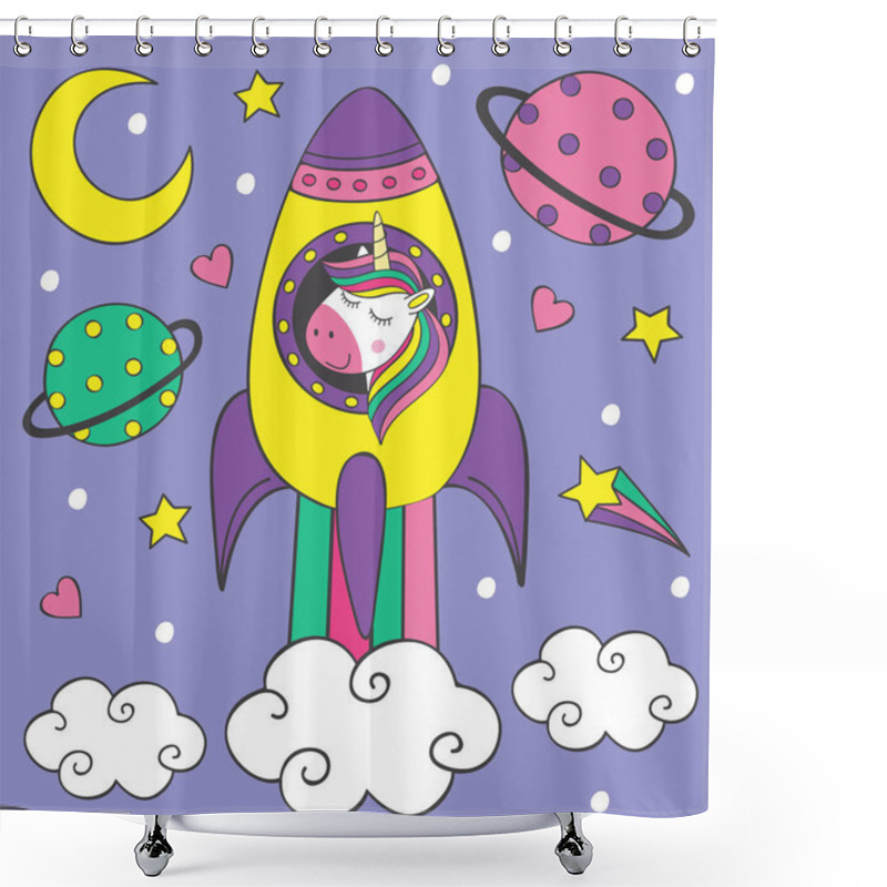 Personality  Cute Little Unicorn In The Rocket - Vector Illustration, Eps Shower Curtains