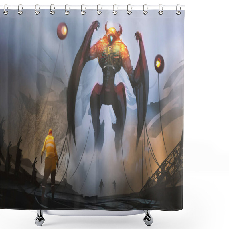 Personality  Digital Illustration Painting Design Style A Engineer Against Big Robot And Alien's Technology In Mysterious Place. Shower Curtains