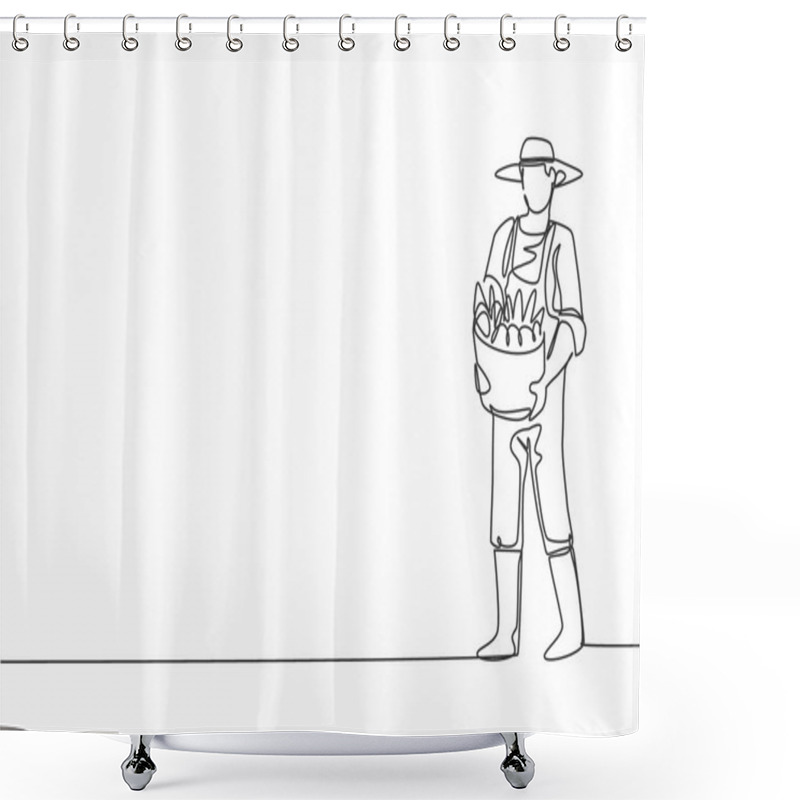 Personality  Continuous One Line Drawing Young Male Farmer Carrying A Basket Full Of Fruit With His Hands In Front Of His Chest. Farming Minimalist Concept. Single Line Draw Design Vector Graphic Illustration. Shower Curtains