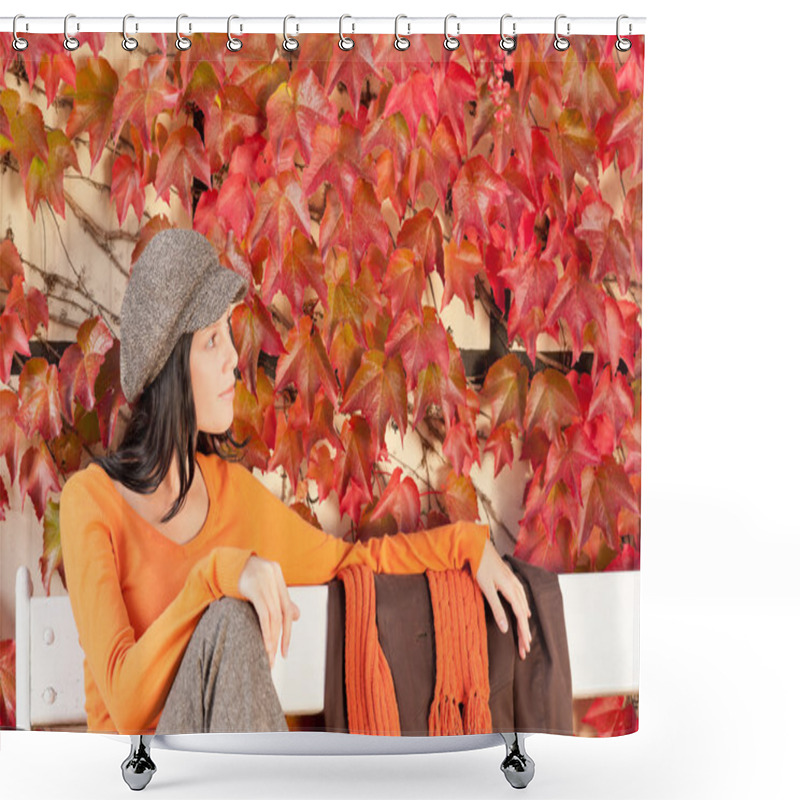 Personality  Autumn Fashion Young Woman Relax On Bench Shower Curtains