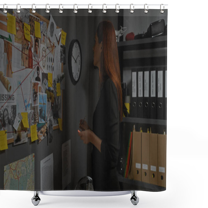 Personality  A Thoughtful Woman Detective Examines Evidence In A Dark Office, Surrounded By Files, A Clock, And A Crime Board. Shower Curtains