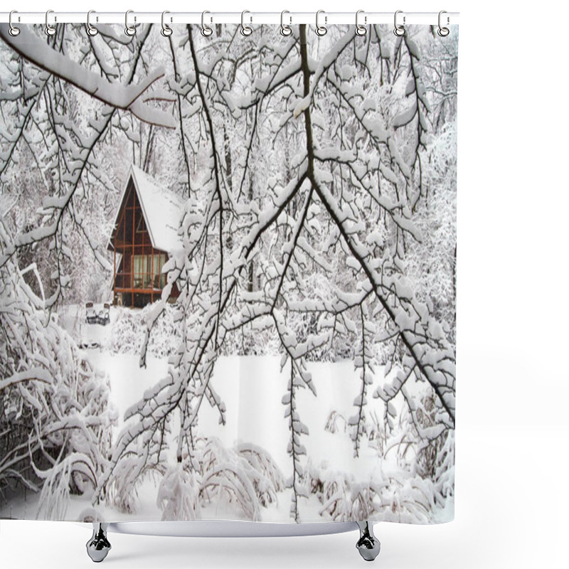 Personality  Cabin Woods By Frozen River Surrounded By Tree Branches Covered In Snow Shower Curtains