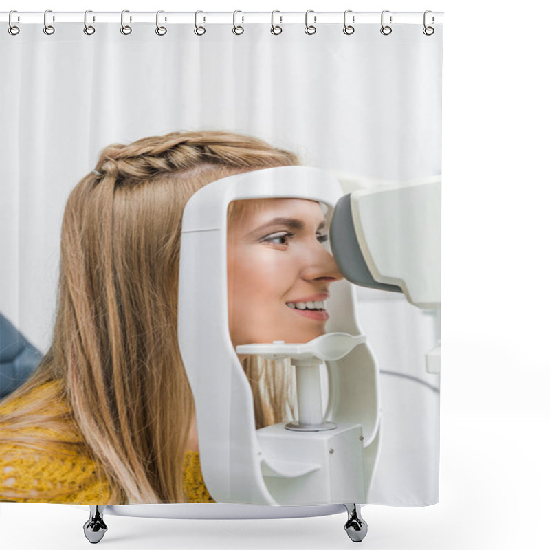 Personality  Smiling Patient Examining Her Eyes With Slit Lamp In Clinic Shower Curtains