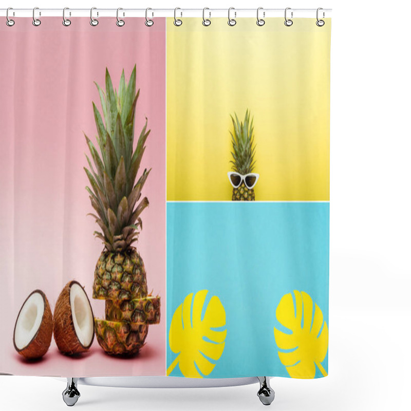 Personality  Collage Of Tropical Fruits, Sunglasses And Paper Palm Leaves On Pink, Blue And Yellow Background Shower Curtains