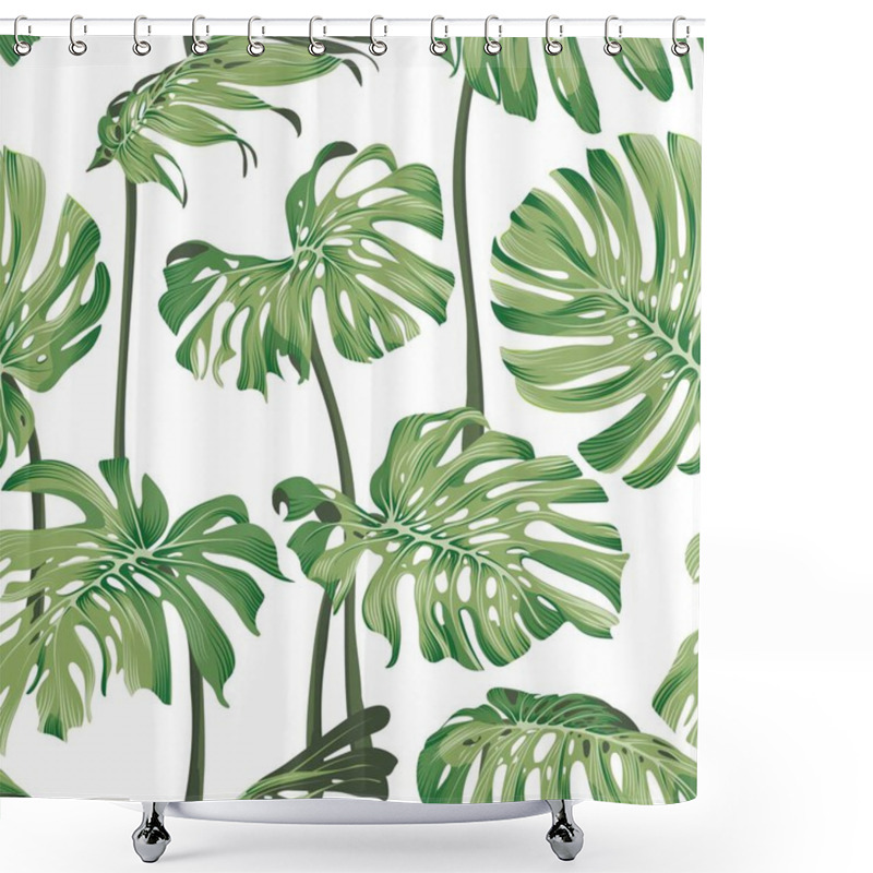 Personality  Monstera Leaves. Seamless Tropical Pattern With Exotic Leaves. Bright And Summer Pattern With Monstera On White Background. Exotic Botanical Pattern. Stock Vector Illustration. Shower Curtains