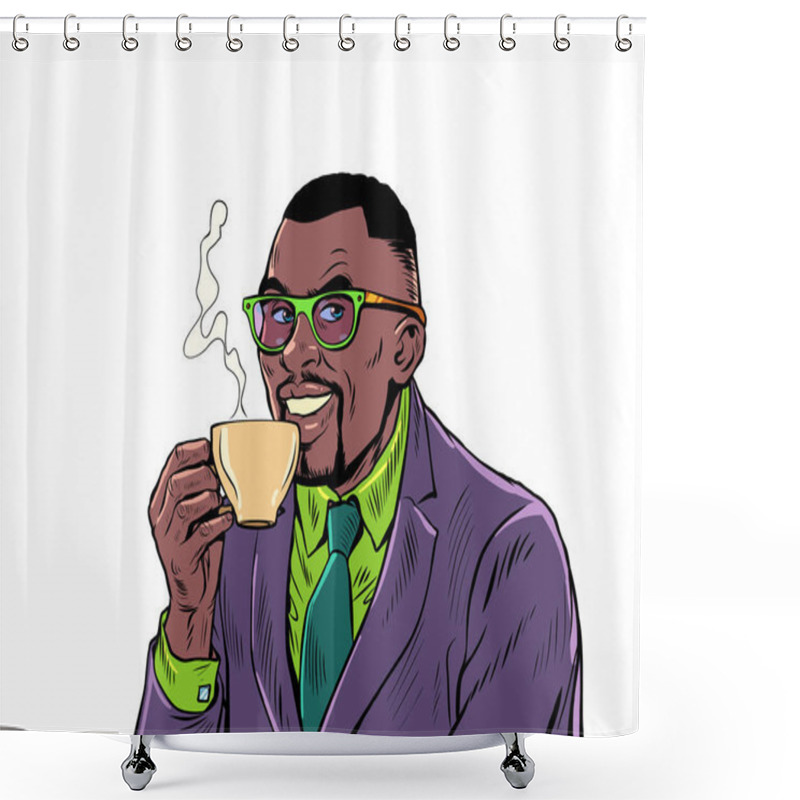 Personality  Joyful Businessman Drinking Morning Coffee. Hot Drink. Cappuccino Cocoa Tea. Pop Art Retro Vector Illustration 50s 60s Style Kitsch Vintage Drawing Shower Curtains