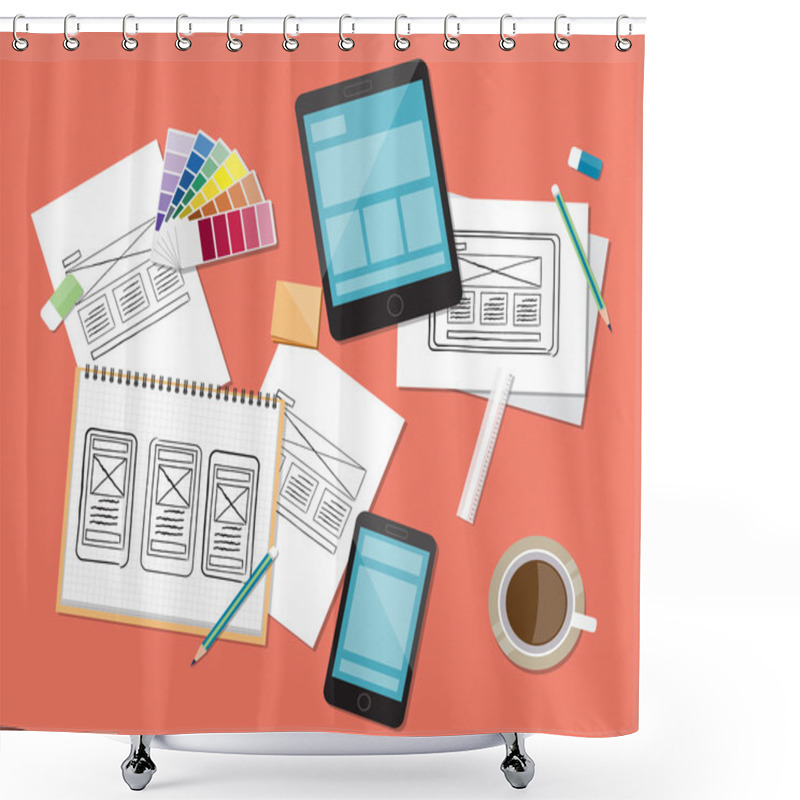 Personality  Web Site And Application Design Workspace Background Concept. Sketching Design Shower Curtains