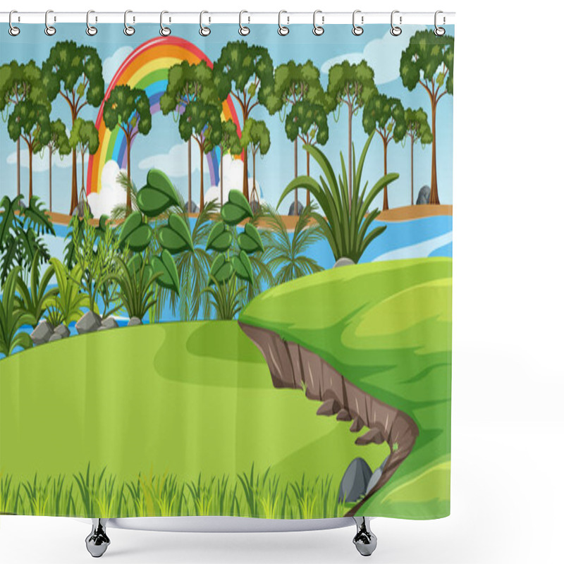 Personality  Nature Forest Scene With Rainbow In The Sky Illustration Shower Curtains