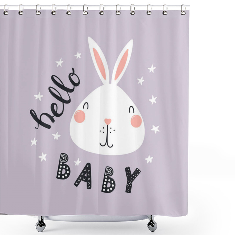 Personality  Funny Bunny Face With Stars And Words Hello Baby Shower Curtains