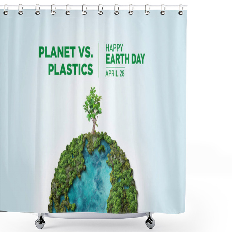 Personality  Planet Vs. Plastics , Earth Day 2024 Concept 3d Tree Background. Ecology Concept. Design With Globe Map Drawing And Leaves Isolated On White Background.  Shower Curtains