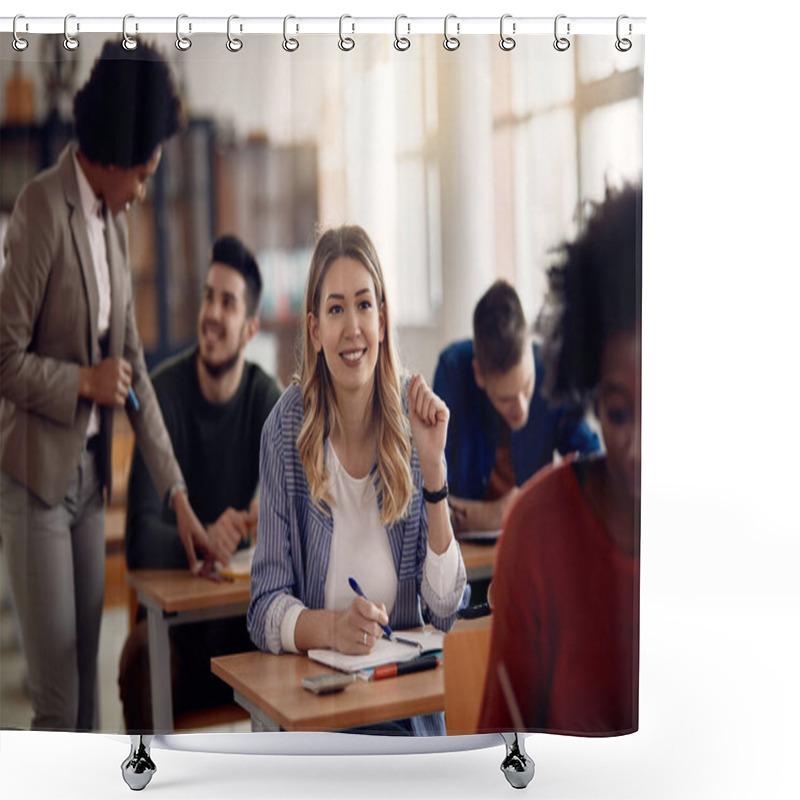 Personality  Happy Female University Student Writing In Notebook During Class In The Classroom.  Shower Curtains