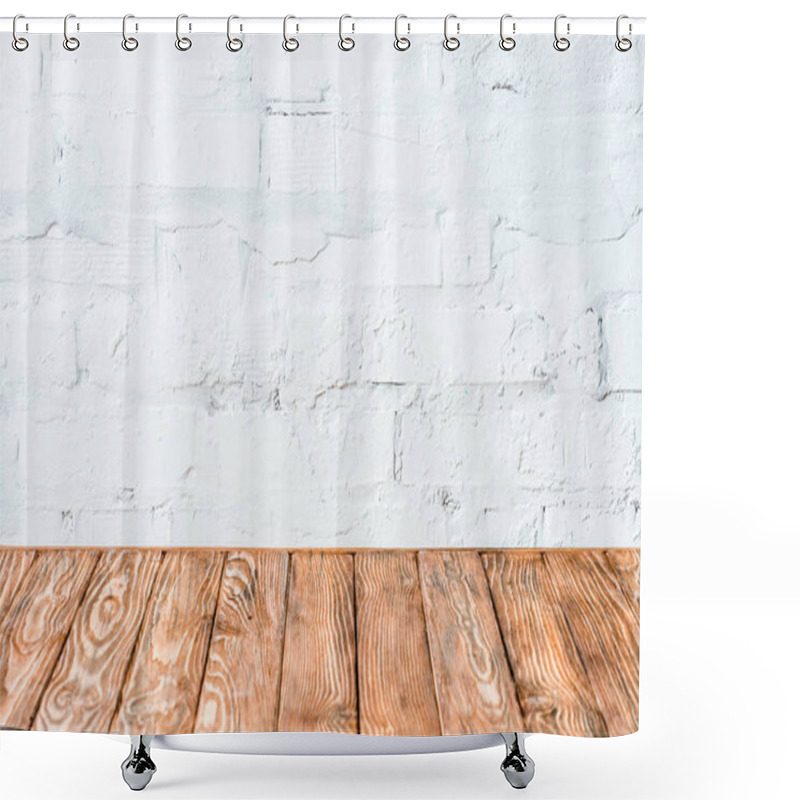 Personality  White Brick Wall And Rustic Wooden Table Shower Curtains