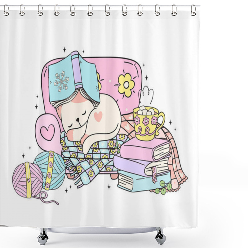 Personality  Cute Groovy Retro Winter Bookish Cat Sleeping On Cozy Sofa Illustration Hand Drawn Doodle. Shower Curtains