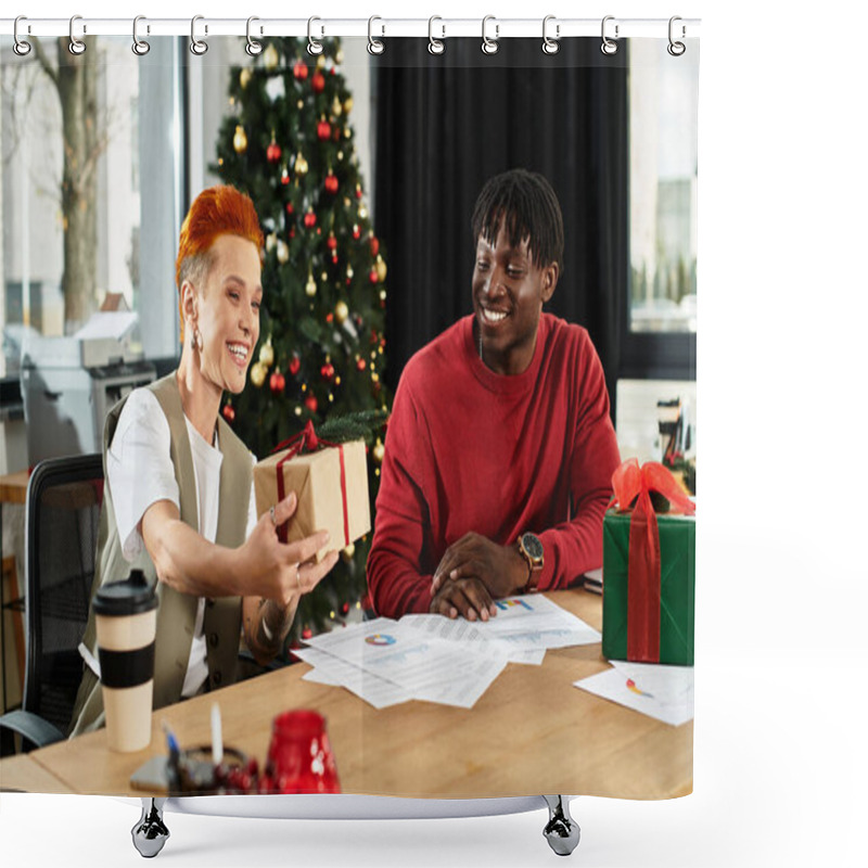 Personality  A Joyful Team Members Exchange Gifts And Enjoy The Festive Spirit At Work During Christmas. Shower Curtains