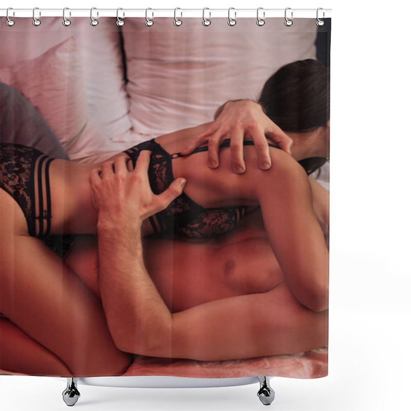 Personality  Cropped View Of Young Sexy Couple Embracing In Bed With Neon Red Light  Shower Curtains