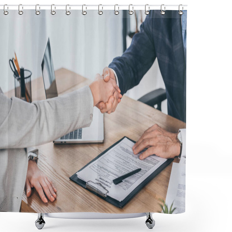 Personality  Cropped View Of Shaking Hands Businessman And Woman Over Table In Office, Compensation Concept Shower Curtains