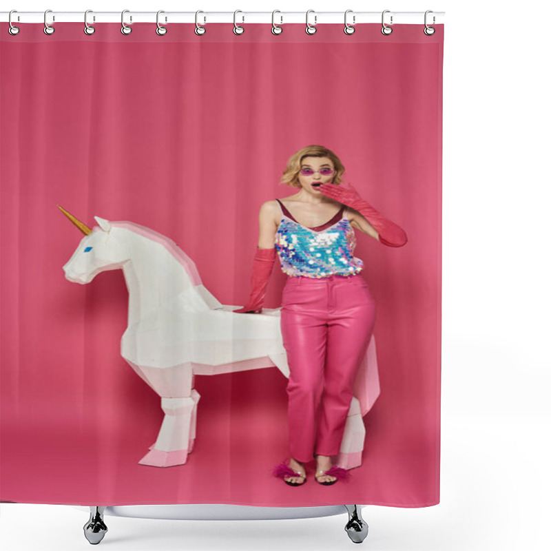 Personality  A Woman In Vibrant Clothing Stands Next To A White Unicorn, Looking Surprised. Shower Curtains