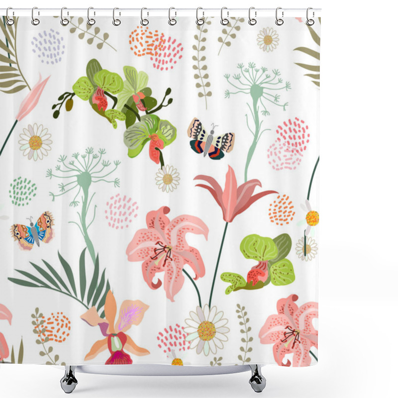 Personality  Botanical Print With Green Orchids  And Lilies. Shower Curtains