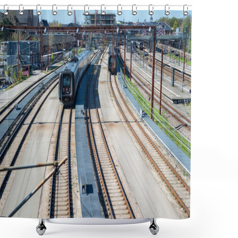 Personality  COPENHAGEN, DENMARK - MAY 6, 2018: Scenic View Of Train Riding On Tracks In Copenhagen, Denmark Shower Curtains