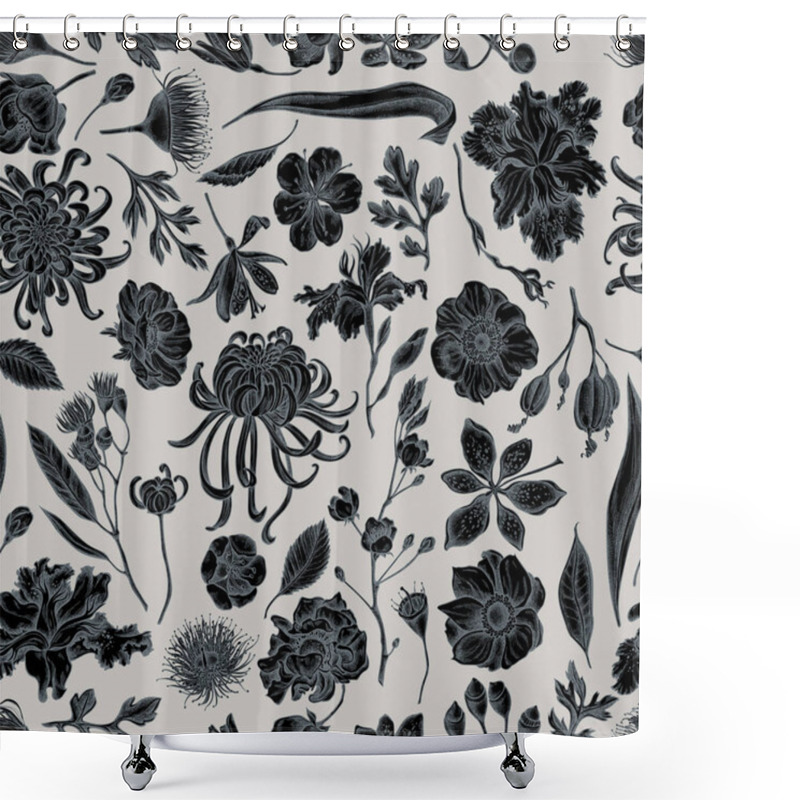 Personality  Seamless Pattern With Hand Drawn Stylized Japanese Chrysanthemum, Blackberry Lily, Eucalyptus Flower, Anemone, Iris Japonica, Sakura Shower Curtains