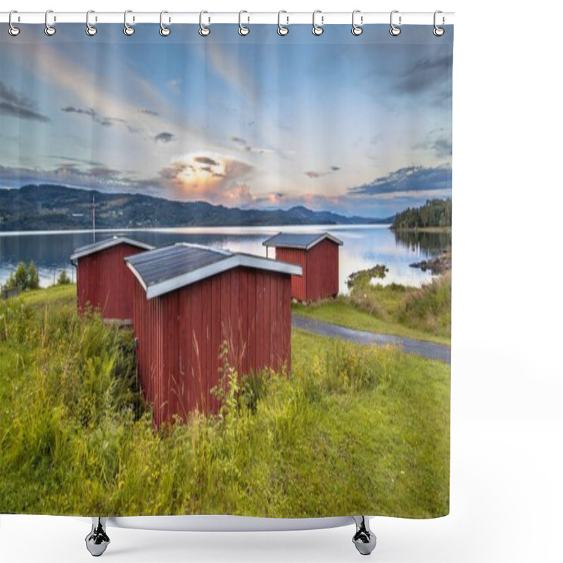 Personality  Red Wooden Cabins On Waterfront Of Lake In Norway Shower Curtains