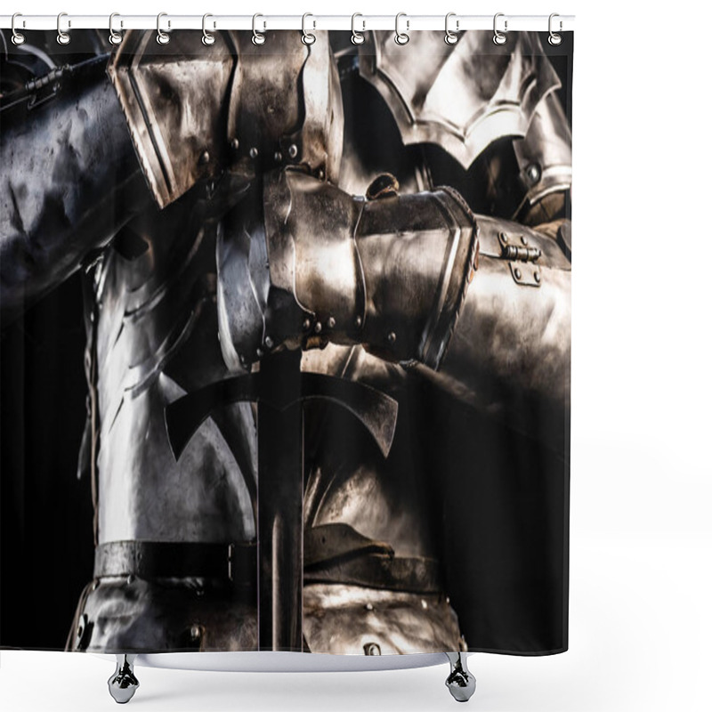 Personality  Cropped View Of Knight In Armor Holding Sword Isolated On Black  Shower Curtains