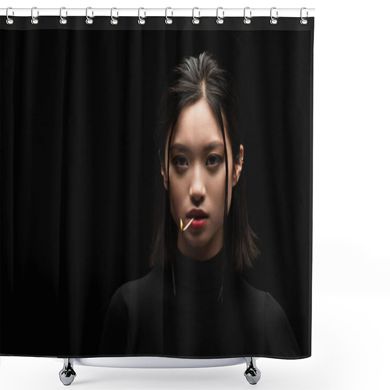 Personality  Portrait Of Pretty Asian Woman With Burning Match In Mouth Looking At Camera Isolated On Black Shower Curtains