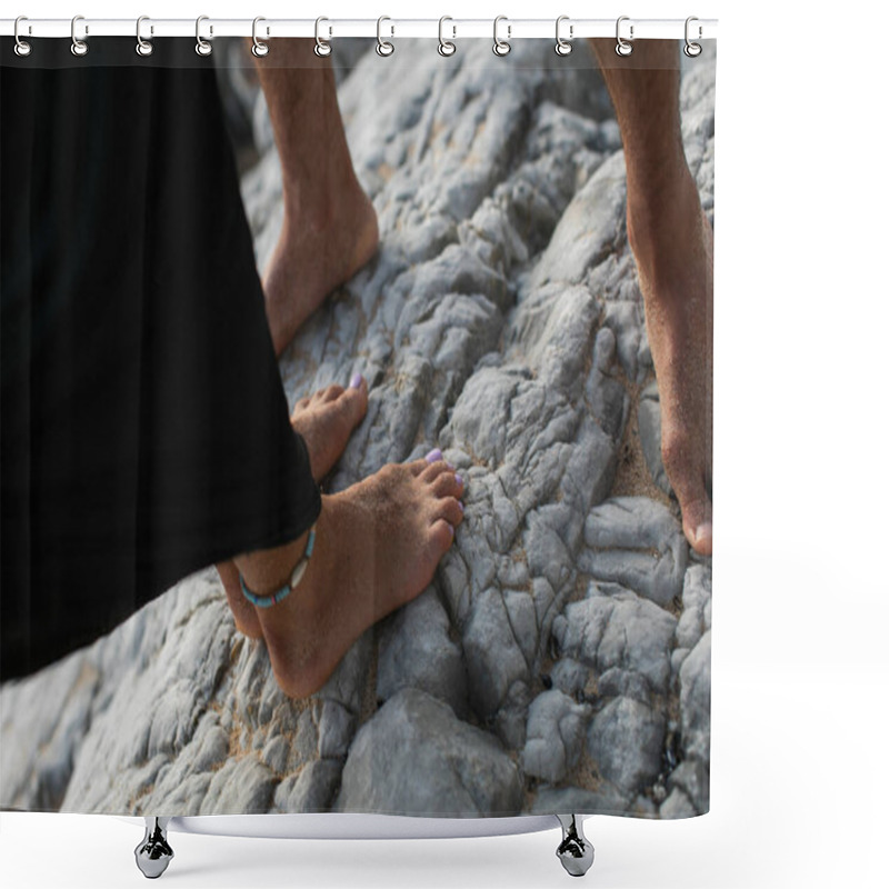 Personality  Cropped View Of Barefoot Woman With Ankle Bracelet And Man Standing On Rocks Shower Curtains