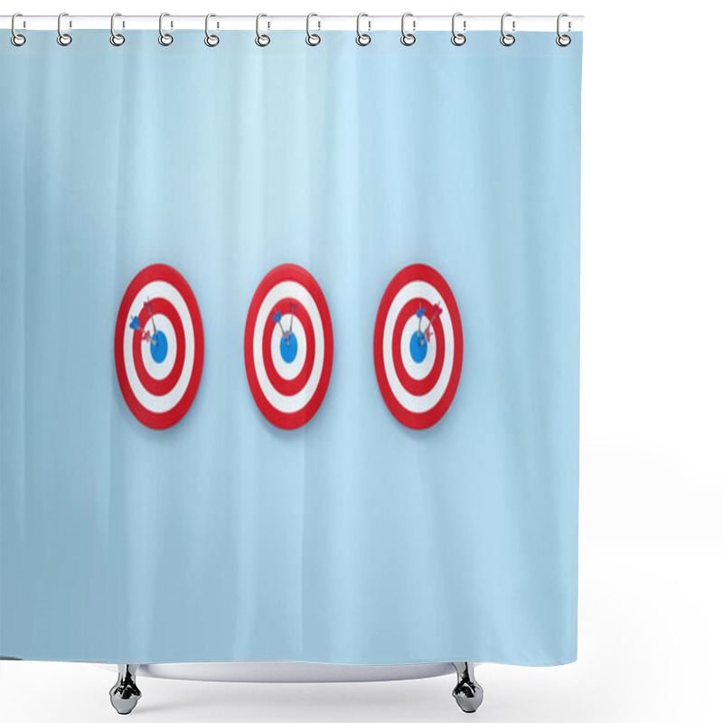 Personality  Row Dart Hitting Target On Blue Background. Bullseye Success Concept. 3d Rendering. Shower Curtains