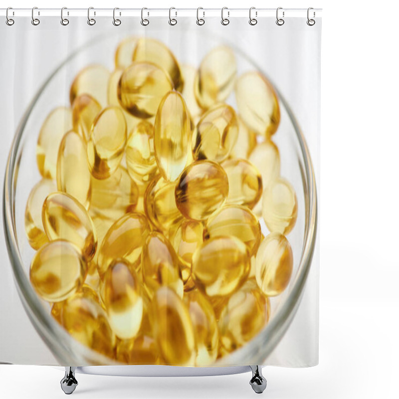 Personality  Close Up View Of Golden Fish Oil Capsules In Glass Bowl On White Background Shower Curtains