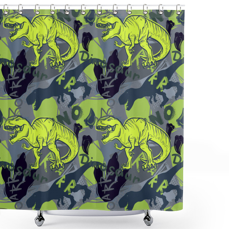 Personality  Abstract Seamless Vector Pattern For Girls, Boys, Clothes. Creative Background With Jurassic Period, Dinosaur Creative Funny Wallpaper For Textile And Fabric. Fashion Style. Colorful Bright Shower Curtains