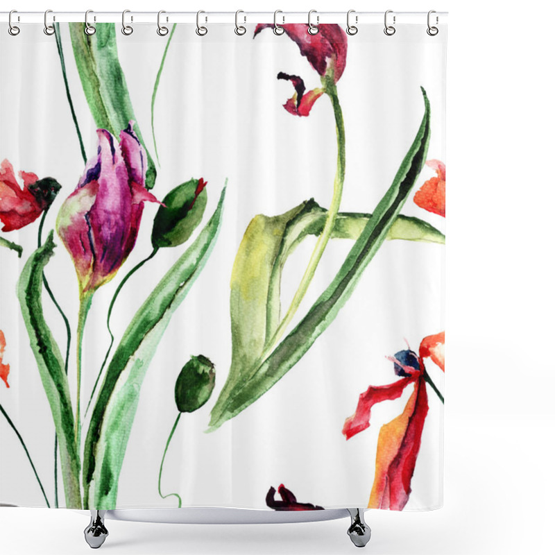 Personality  Seamless Pattern With Floral Background With Poppy And Tulip Flowers Shower Curtains