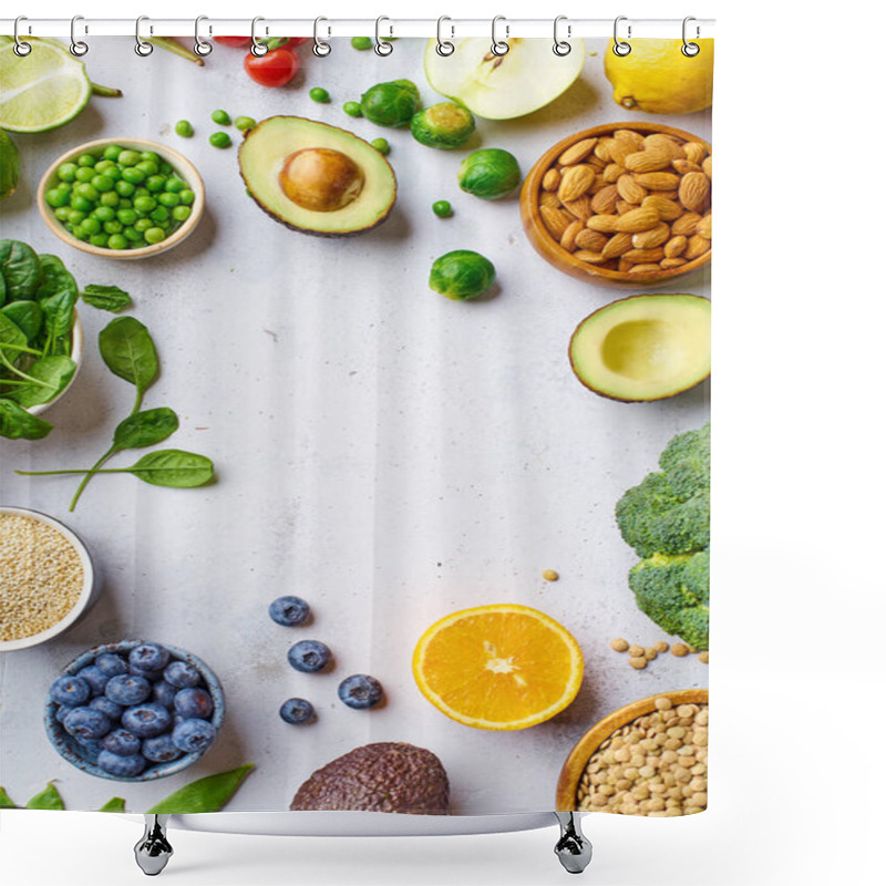 Personality  Creative Flat Lay With Healthy Vegetarian Organic Fruits And Nuts With Berries And Vegetables . Vegan Menu Frame  Shower Curtains