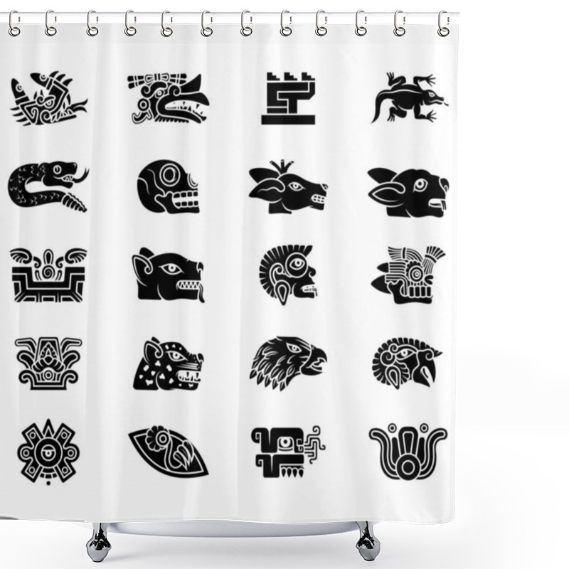 Personality  Vector Design Of Symbols Of Ancient Aztec Civilization, Hieroglyphs Of The Aztec Calendar Shower Curtains