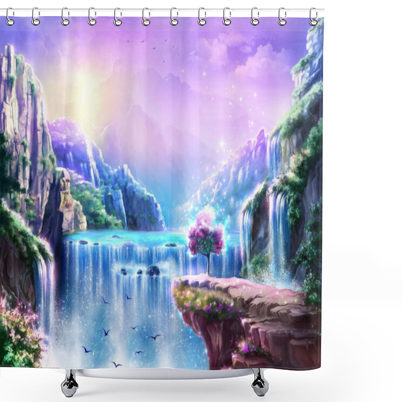 Personality  Fabulous Background, Digital Art. Illustration Of A Dawn Mountain Fantastic Landscape With Waterfalls And Blooming Sakura Shower Curtains