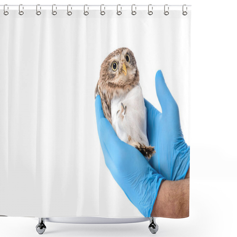 Personality  Cropped View Of Veterinarian Holding Wild Injured Owl Isolated On White Shower Curtains