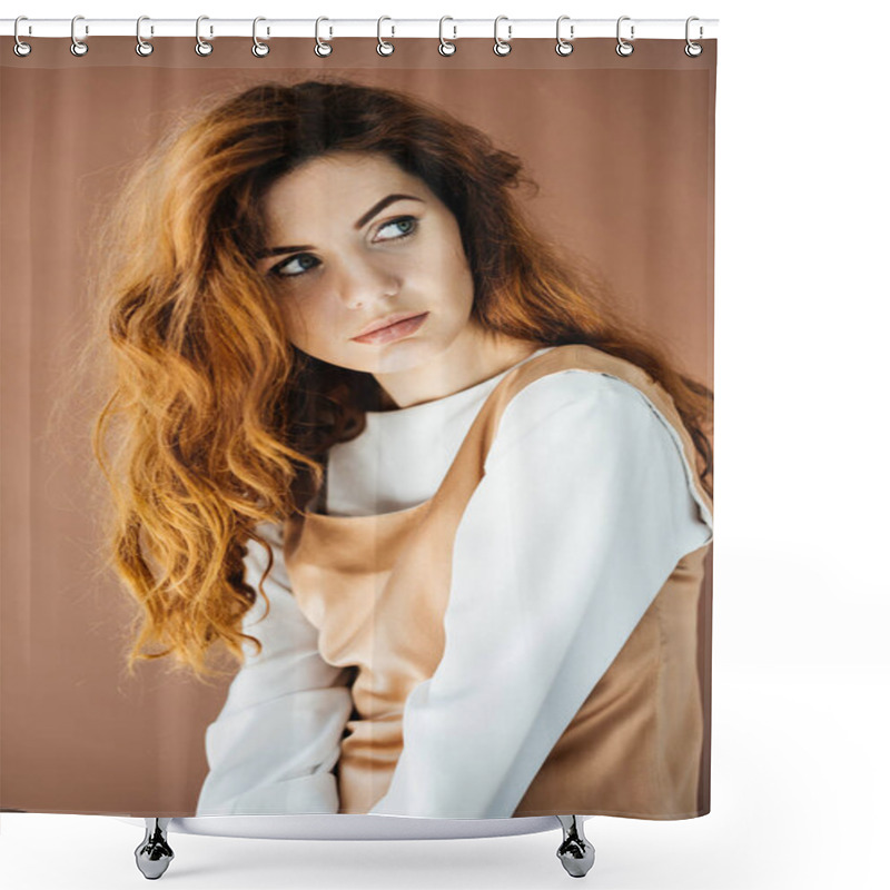 Personality  Beautiful Young Girl Looking Away Isolated On Brown Background Shower Curtains