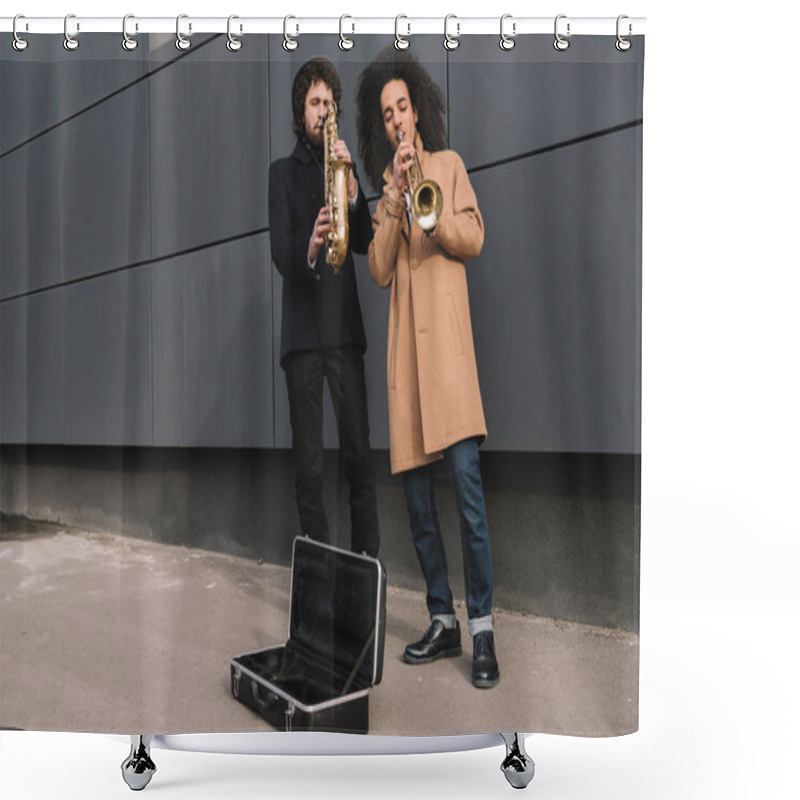 Personality  Duet Of Street Musicians Playing Trumpet And Saxophone Outdoors Shower Curtains