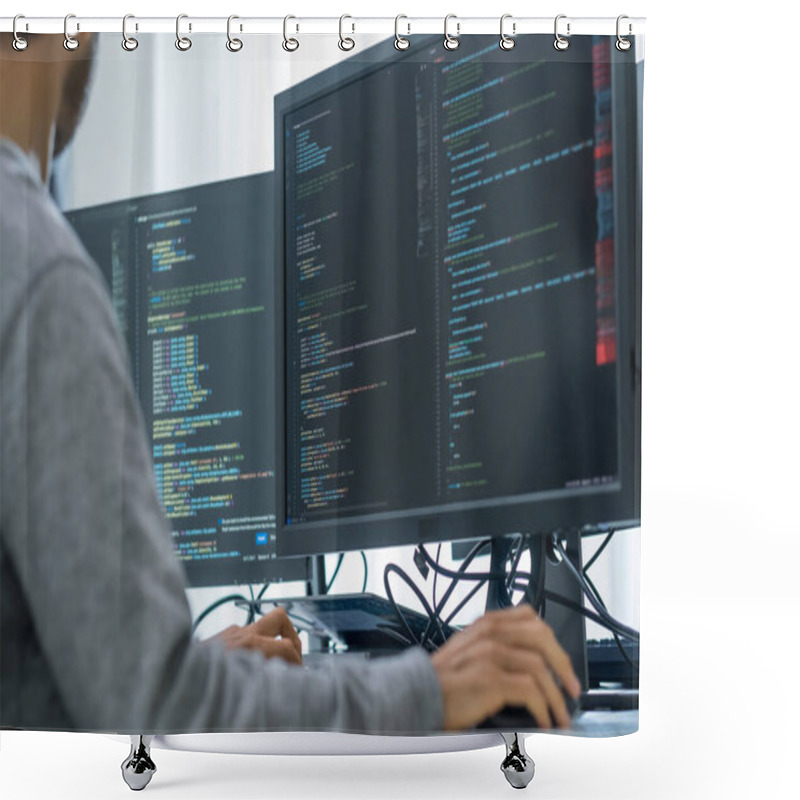 Personality  Asian Prompt Engineer Developer Coding App With Software Data Sitting In Front Of Computer Monitor At Office Shower Curtains