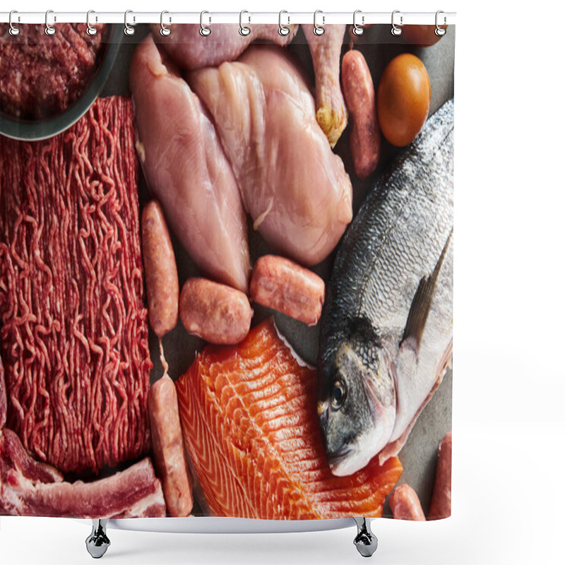 Personality  Carnivore Diet Or Low Carb Diet Background Concept. Raw Animal Meat Products Beef, Minced Pork And Sausages, Chicken With Dorado Fish And Salmon. Low Car. High Quality Photo Shower Curtains