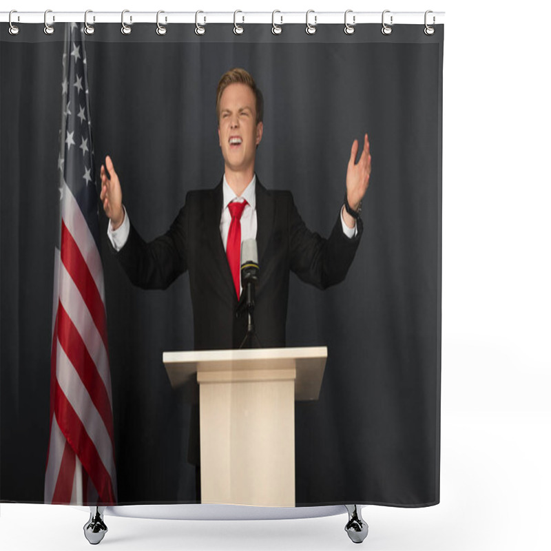 Personality  Happy Emotional Man On Tribune With American Flag On Black Background Shower Curtains