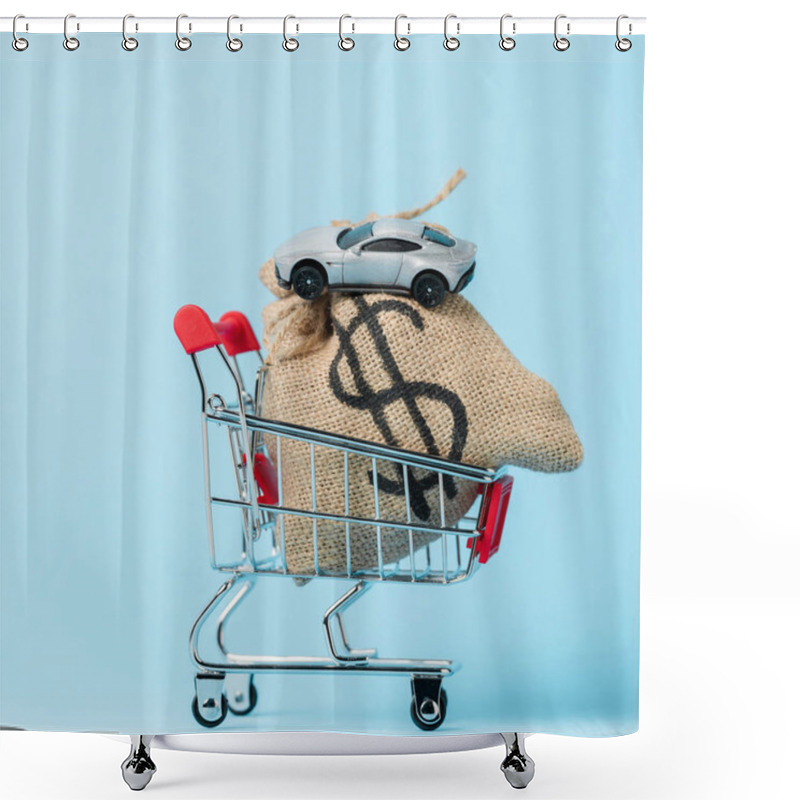 Personality  Small Shopping Cart With Dollar Bag And Toy Car On Blue, Leasing Concept Shower Curtains