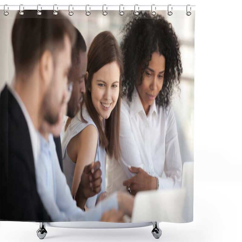 Personality  Positive Diverse Coworkers Businesspeople Sitting During Briefing  Shower Curtains